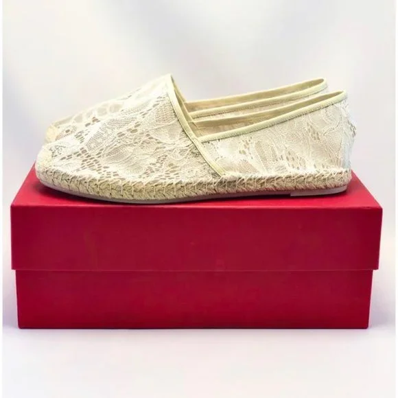 Valentino Garavani White Leather Trimmed Corded Lace Espadrilles Flats Espadrilles